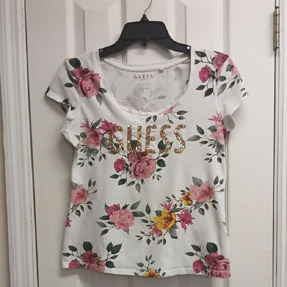 Guess Tops - Guess Floral T-Shirt with Gold Sequins, White/Pink/Green, Size L